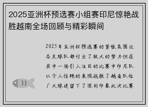 2025亚洲杯预选赛小组赛印尼惊艳战胜越南全场回顾与精彩瞬间