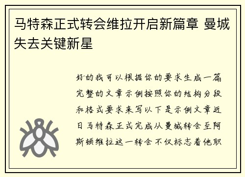 马特森正式转会维拉开启新篇章 曼城失去关键新星