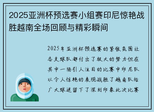 2025亚洲杯预选赛小组赛印尼惊艳战胜越南全场回顾与精彩瞬间